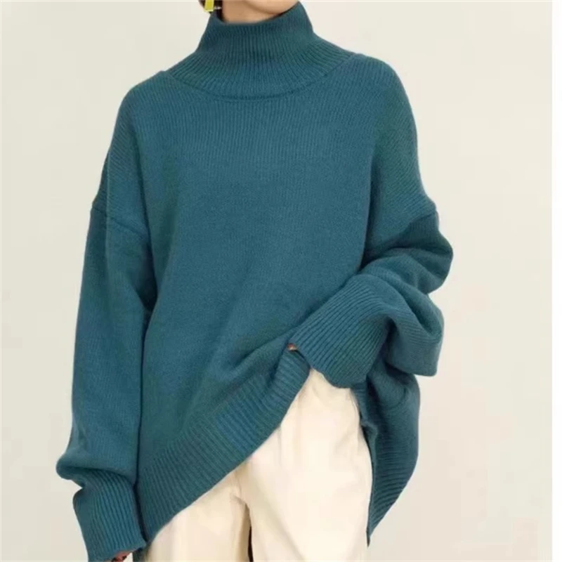 TWOTWINSTYLE Solid Loose Kitting Sweater For Women Turtleneck Long Sleeve Casual Minimalist Pullover Sweaters Female Fashion New