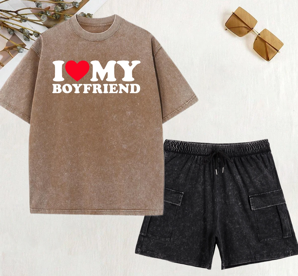 

I Love My Boyfriend Art Letter Prints Washed Shorts Set Woman Street Fashion Clothes Casual Cotton T Shirts Summer Pants