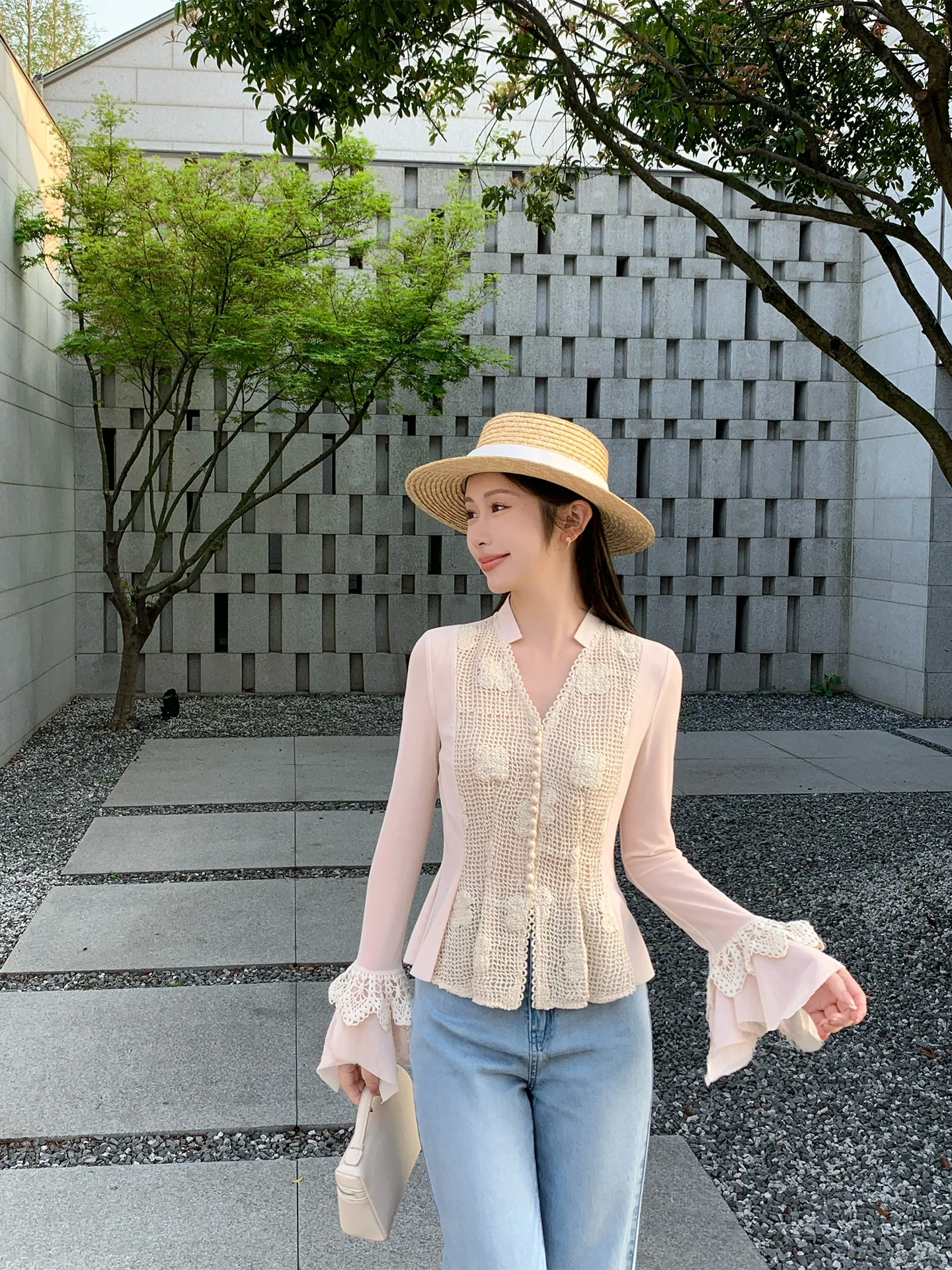 

Spring Dream V-neck Lace Hollow out Bell Sleeve T-shirt Women's Fashion Design Short Sleeve Romantic Style Polyester Blend
