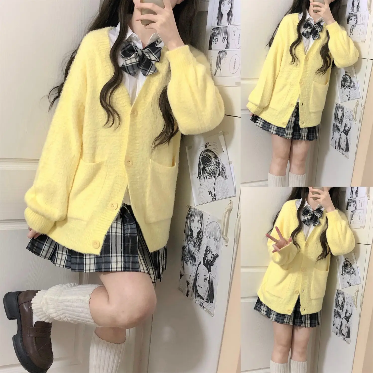 JK Cappotto cardigan maglione lavorato a maglia peloso Autunno Inverno Caldo top a maniche lunghe Gonna scozzese Abito uniforme Stile campus Gioco di ruolo carino