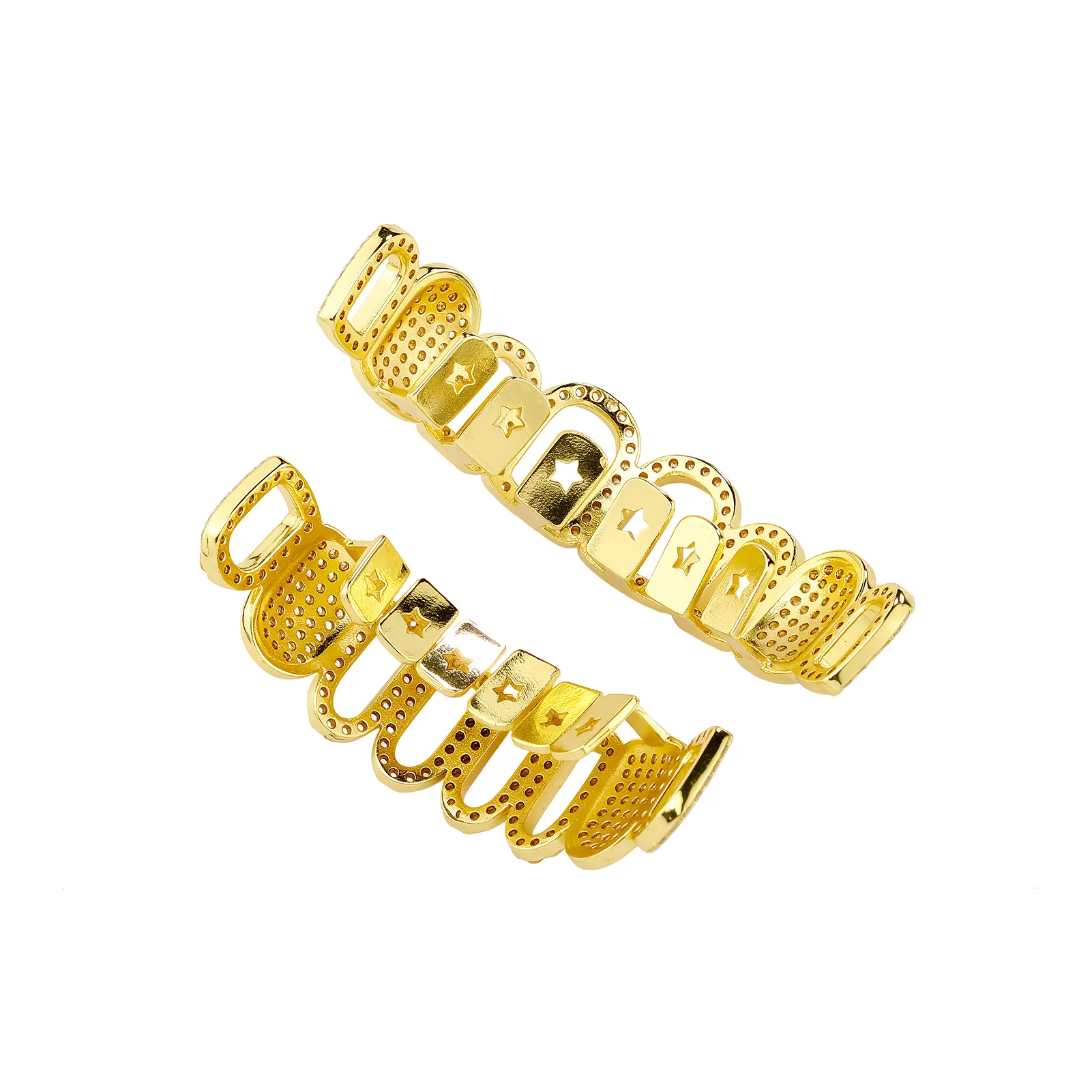 TOPGRILLZ Hollow Window Grillz Set 8 Oben 8 Unten Vergoldetes Kupfer mit CZ-Besetzter Kante Hip-Hop Dekorativer Zahnschmuck für Männer und Frauen – Detail 7