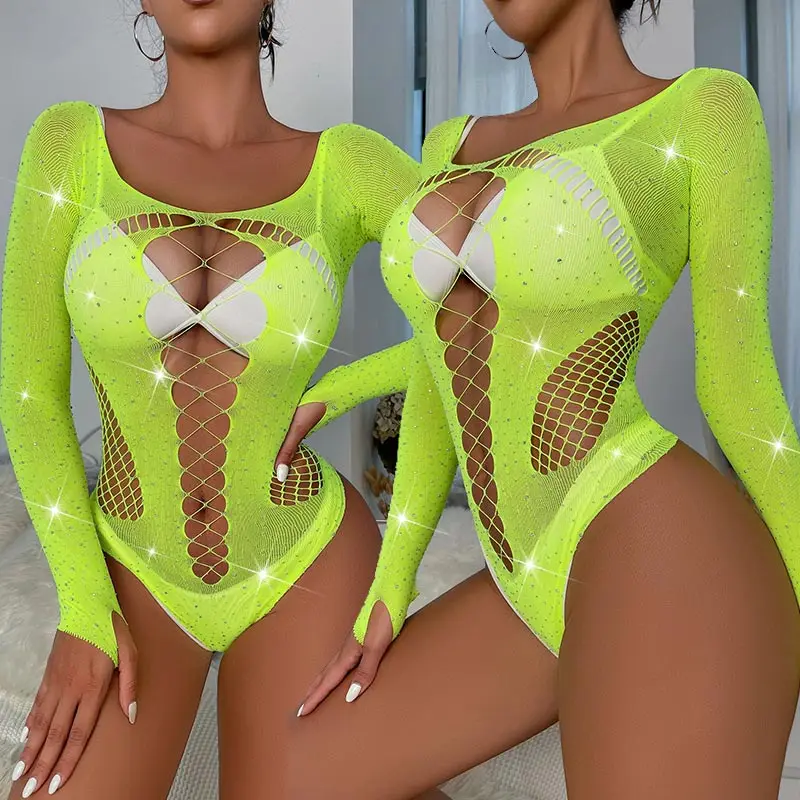 Sexy Transparent Body Stocking Fishnet Bodysuit Plus Size Crystal Diamonds Rhinestone Dress Bodystocking Lingerie Porno Costumes