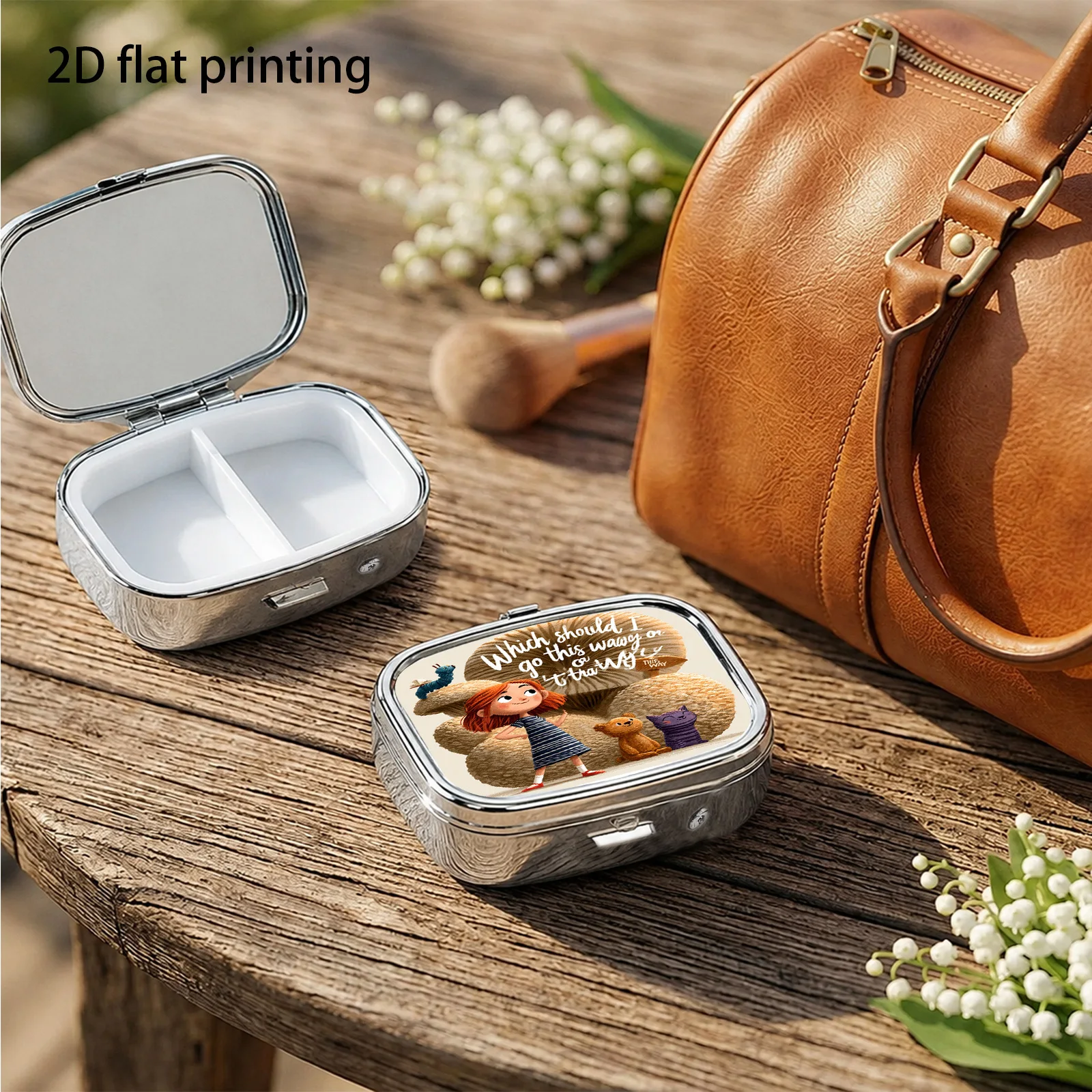 Small Toy Bear with Confused Quotes and Healing Messages, Cartoon Illustration Design, Small Square Two-Compartment Pill Organizer, Portable Medicine Storage, Can Also Be Used as a Home Portable Organizer, Decorative Box, Perfect for Handbags, Wallets, and Travel, Metal Storage Box, Small Jewelry Organizer, Ideal for Holiday Gifts, Souvenirs, Prizes, and Small Gifts