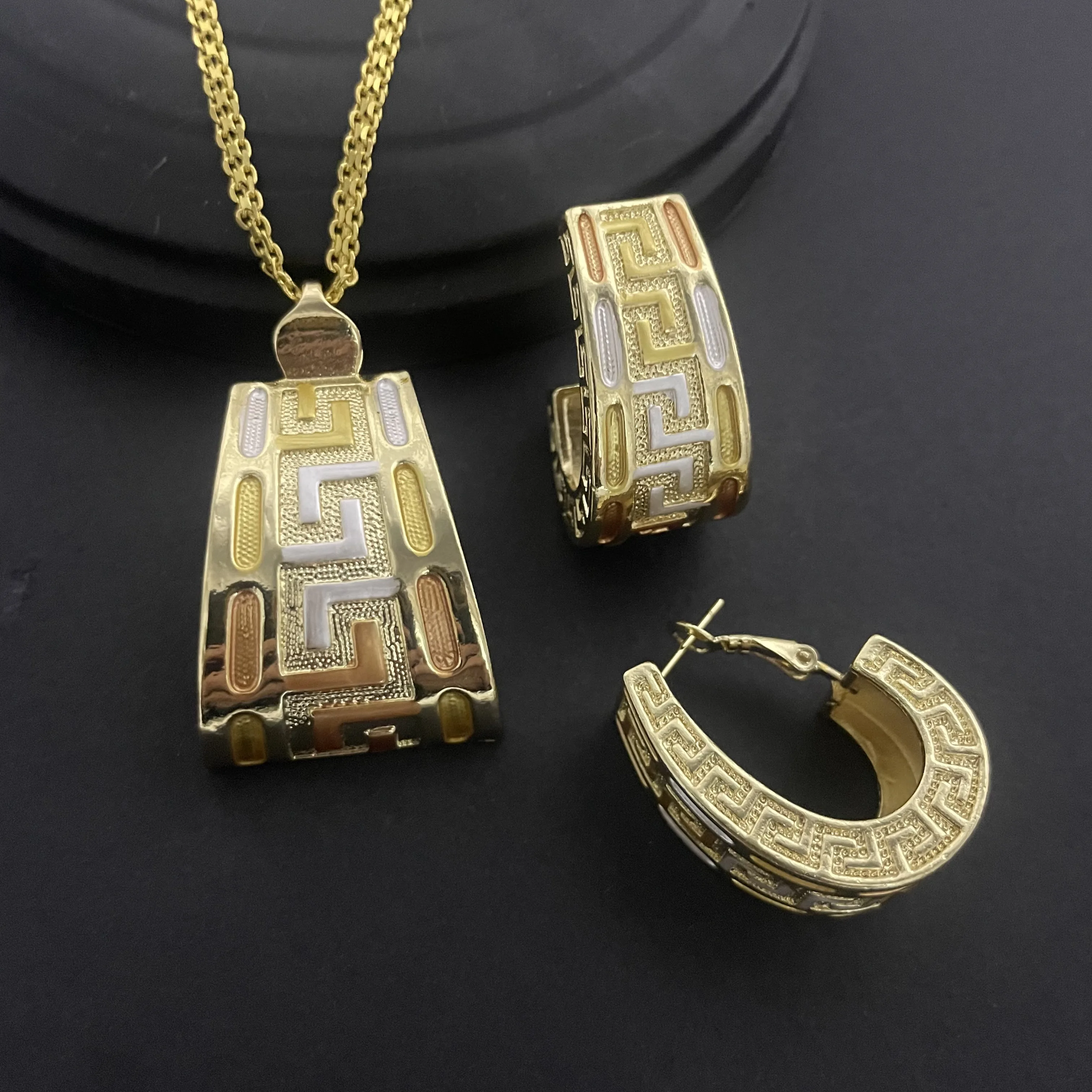 Italian Brazilian 24K Gold Plated Copper Jewelry Set for Women Earrings Pendant Necklace Romantic Bridal Wedding Party Gifts