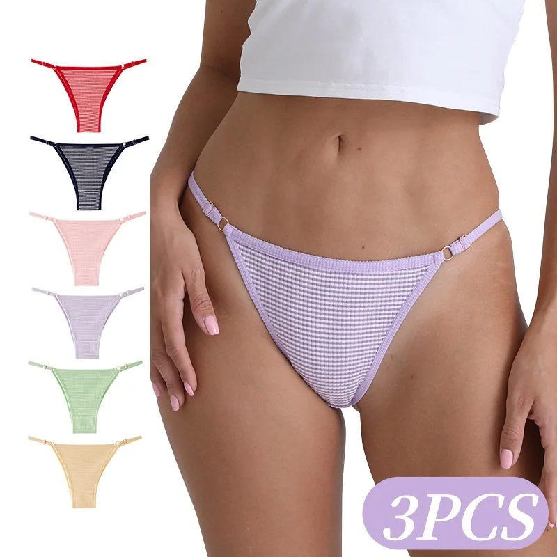 3-teiliges Set Damen Waffelstruktur Strick-Slips Niedrige Taille Bikini-Slips Verstellbare Seitenriemen Unterwäsche Brasilianische Sexy Lingerie S-XL