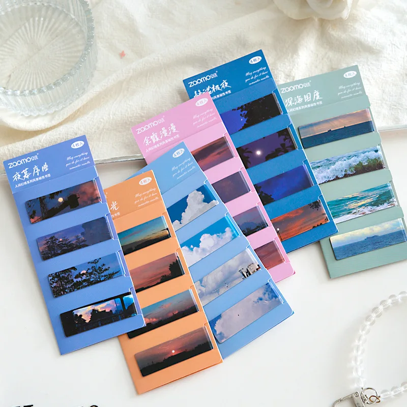 4Pcs Magnetic Bookmark  Beautiful Scenery Sea Sky Art Page Folder for Books Readers Student Stationery Office School Supplies