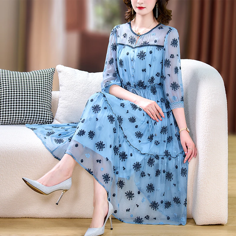 

Women Blue Silk Embroidery Casual Long Dress Summer Boho Elegant Loose Luxury Dress 2024 Korean Fashion New Features of Dresses