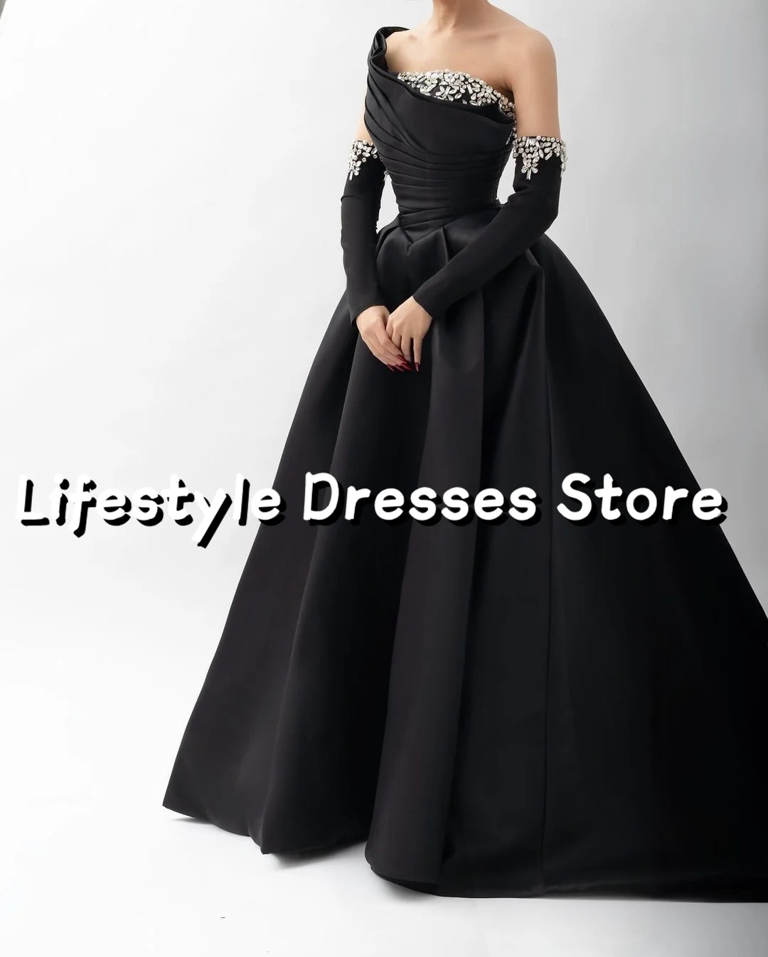 Customized Black Satin Ball Gown Evening Dresses 2024 Beads One-Shoulder Elegant Formal Party Gown Customize Prom Dress