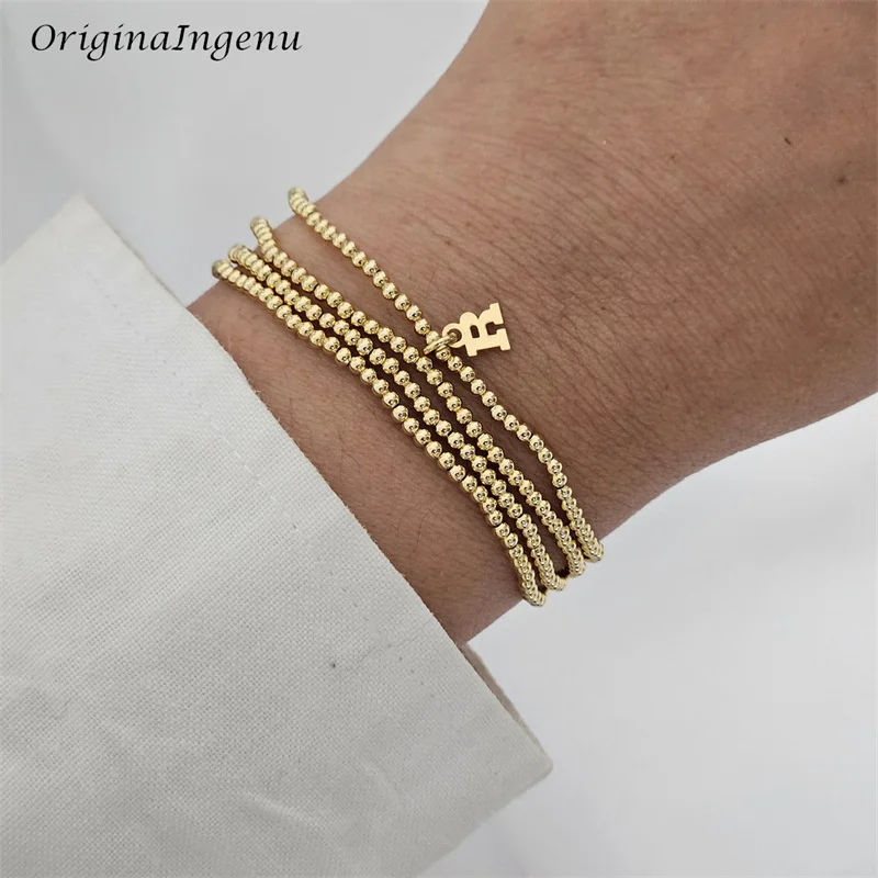 4 szt. Ręcznie robiona spersonalizowana bransoletka z koralików 14K wypełniona złotem elastyczna bransoletka niestandardowa biżuteria z literami bransoletki Boho biżuteria w stylu Vintage
