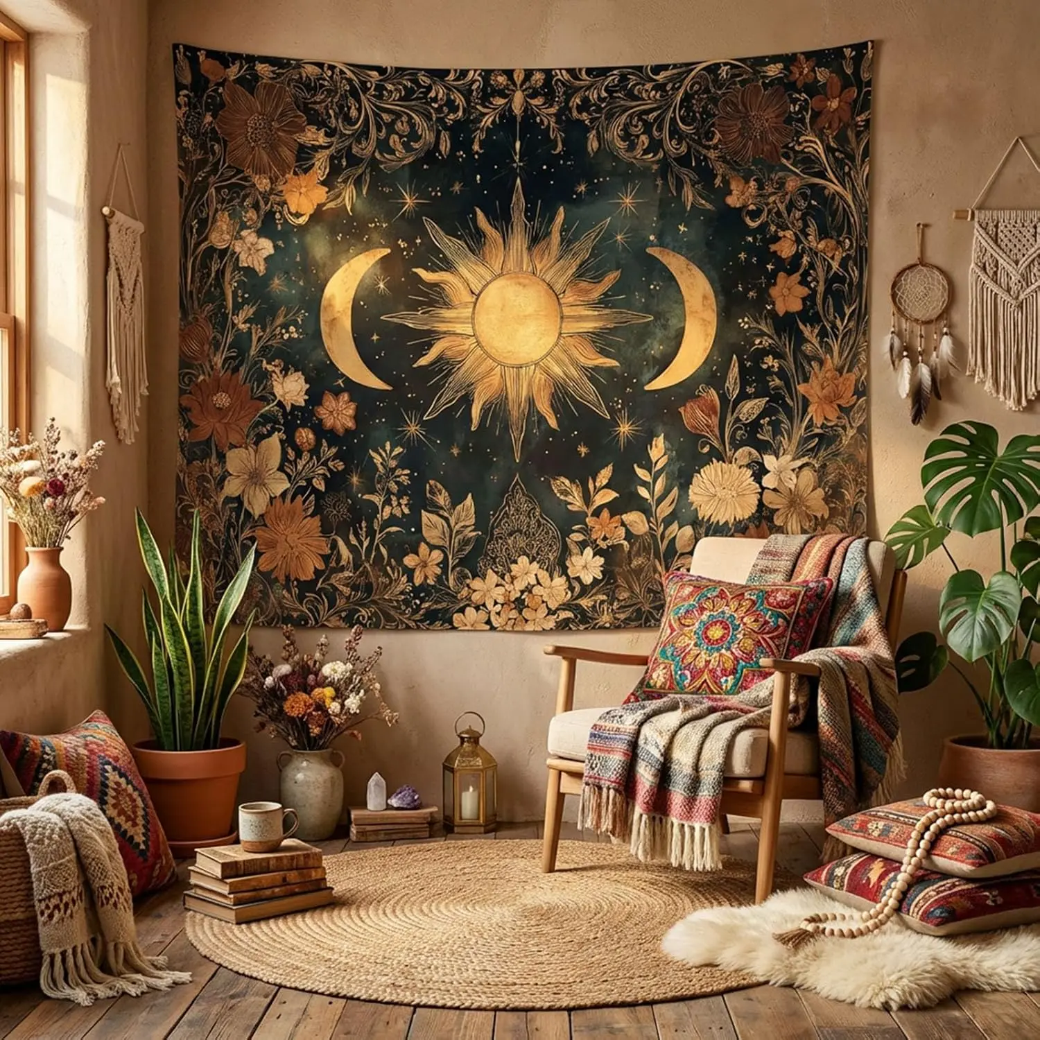 Vintage Celestial Sun & Moon Tapestry,Dark Floral Starry Wall Hanging for Bedroom,Living Room & Dorm Decor,Mystic Boho Aesthetic