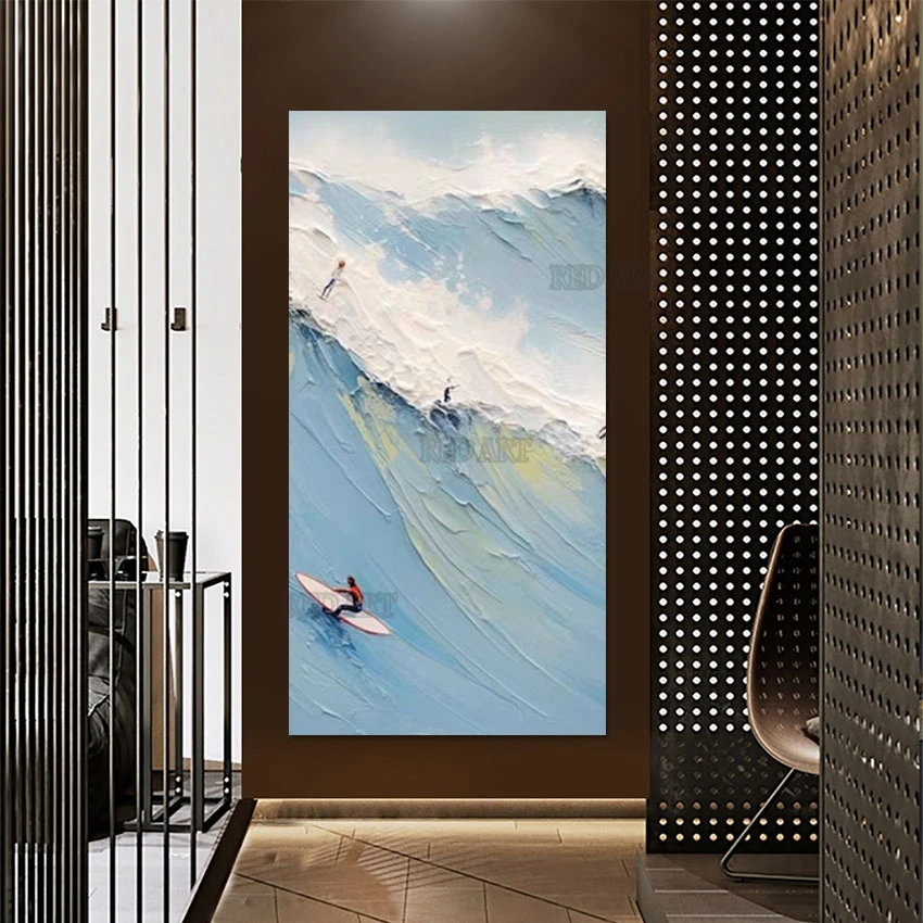 Large Wall Panel Artwork, Hand-painted Knife, Sea Wave, Surfing Canvas, Oil Painting, Luxury Poster Art, Hotel Corridor, Unframe