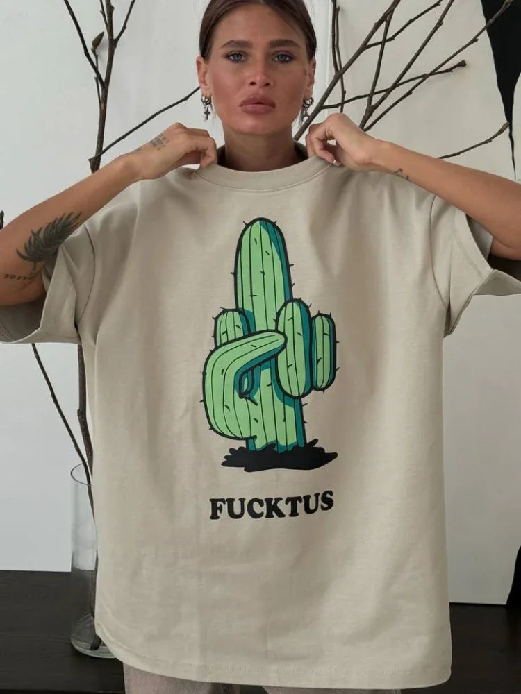 Hirsionsan Cactus Graphic Printed T Shirt Women Summer Cotton Soft Short Sleeve Tee Female Oversized High Street Gothic Top