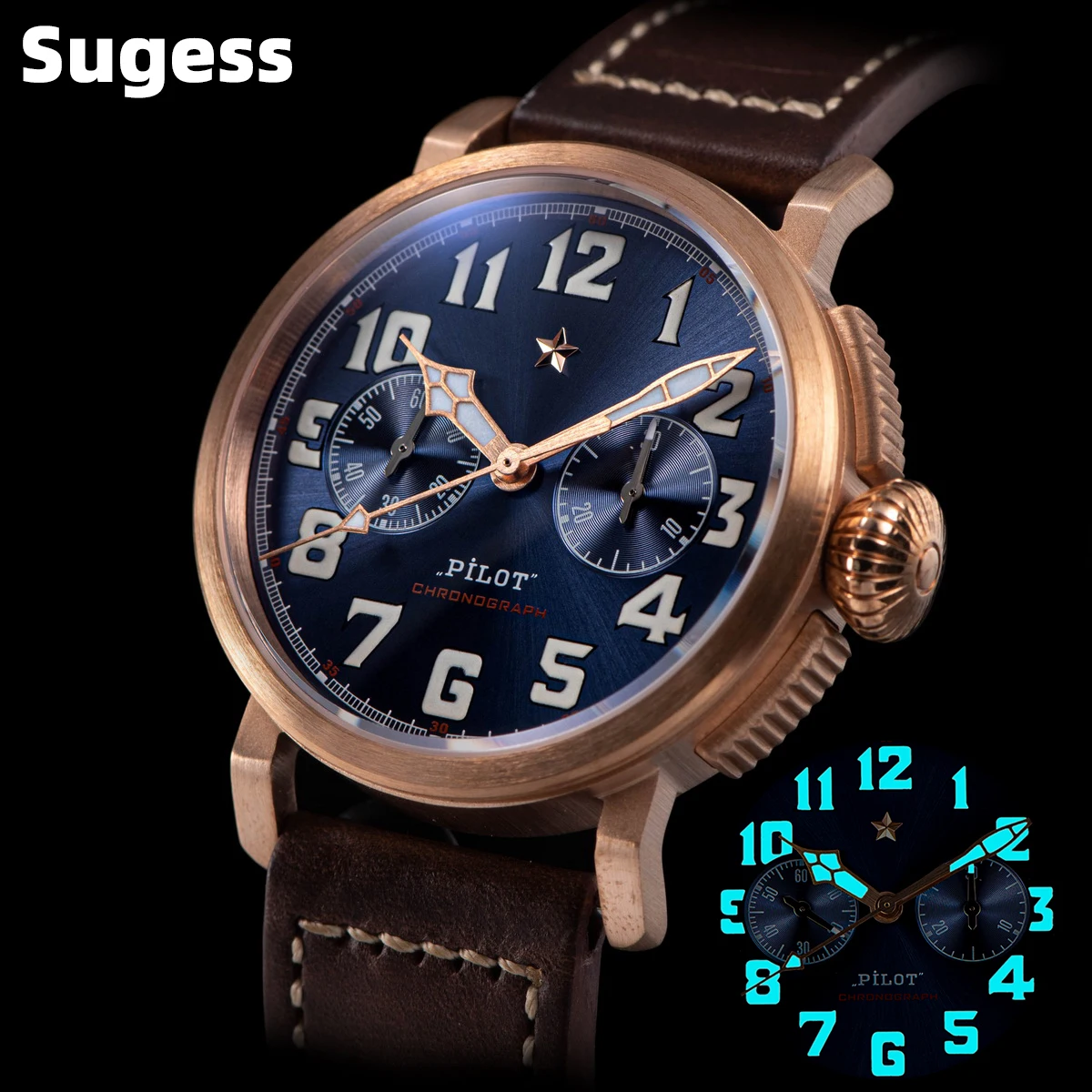 Sugess CuSn8 Bronze Pilot Watch of Mens Chronograph Mechanical Wristwatches Tianjin ST1901 Swanneck Movement Super BGW9 Luminous