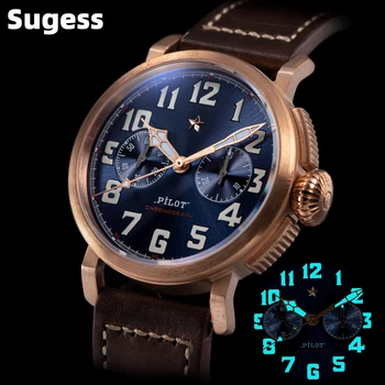 Sugess CuSn8 bronz Pilot izle Mens kronograf mekanik kol saatleri Tianjin ST1901 Swanneck hareketi süper BGW9 aydınlık