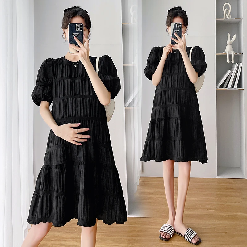 

2024 Summer Pregnant Women's Dresses Puff Sleeve O-Neck Maternity Pleated Dress Short Lady Chiffon Ball Gown Dress Black White