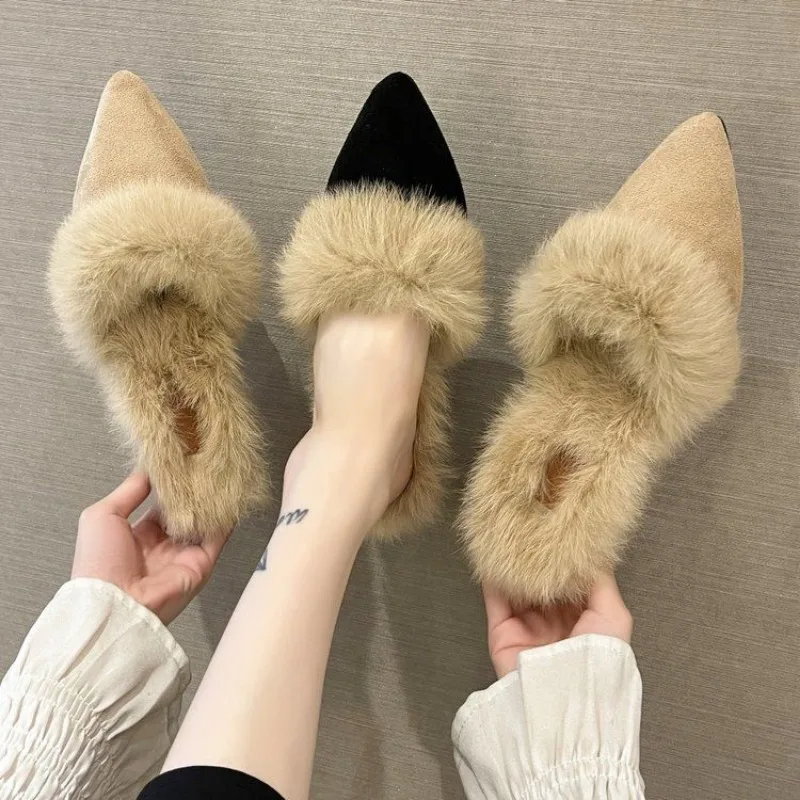 Winter New Fur Slippers Women Elegant Fashion Pointed Toe Mules Lady High Heel Shoes Female Sexy Chunky Warm Slides Black 34-42