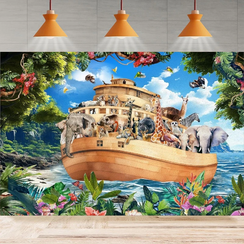 Noah's Ark Photography Backdrop Animal Jungle Tropical Leave Woodland Wildlife Ocean Birthday Background Party Backdrop Wall