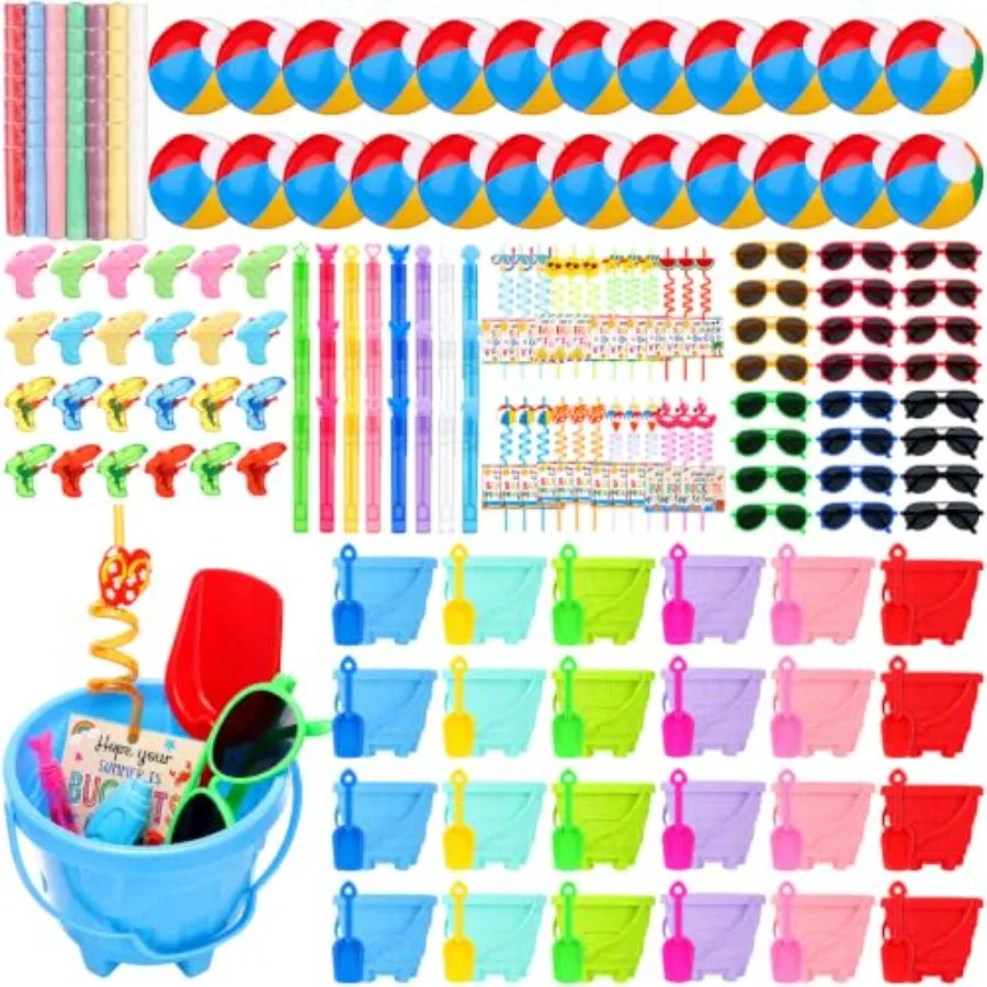 Pool Beach Party Favor Bulk Set For:Plastic, Blue And Yellow, 241 Pcs With Beach Ball Sunglasses Sand Bucket Straw Bubble Wand