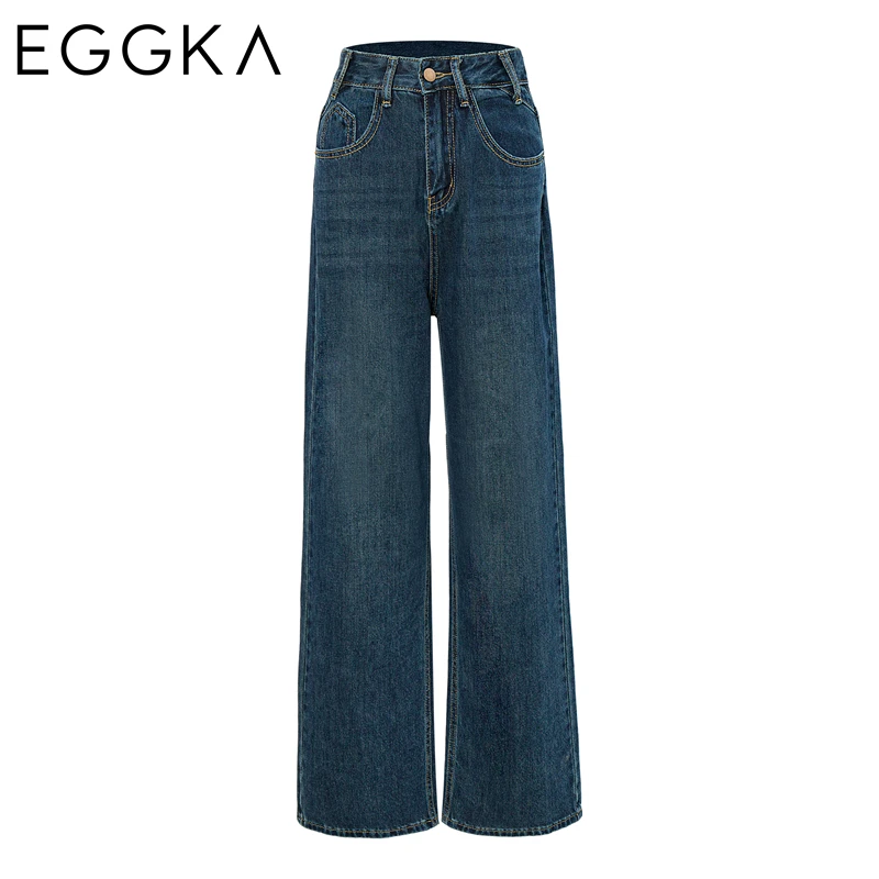 Eggka Blue Straight Jeans Women\'s 2024 Autumn Simple Slim Versatile Jeans High Waist Office Lady Trousers Female Casual Pants