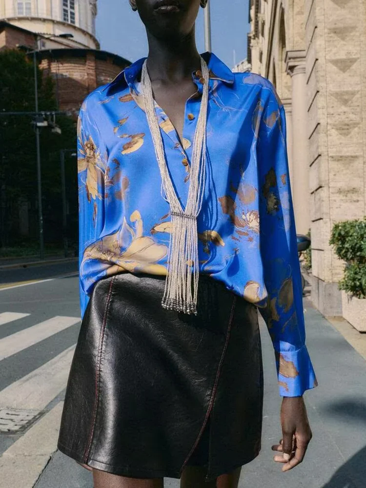 

European and American style autumn new fashion trend women's temperament versatile flower print satin texture shirt