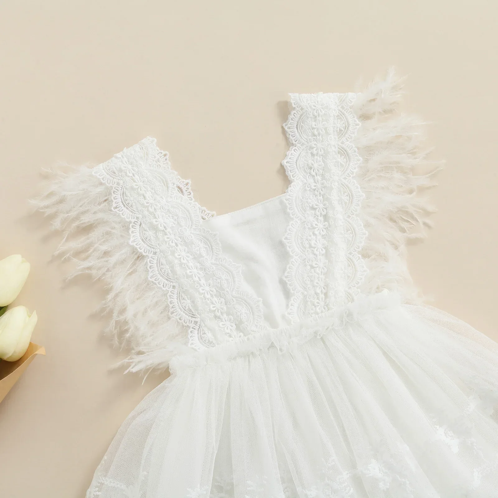 Toddler Baby Girl White Princess Dress Feathers Lace Ruffle Square Collar Tulle Lace Dress Cute Bow Backless A-Line Dress 0-24M