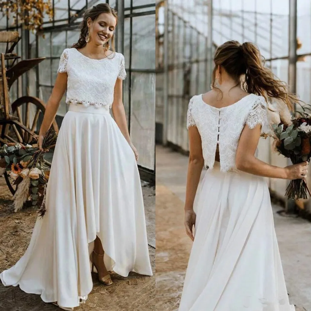 Elegant A Line Wedding Dresses Appliques Short Sleeves Bridal Gowns Customized Button Back Sweep Train 2 Pieces Suits Vestidos
