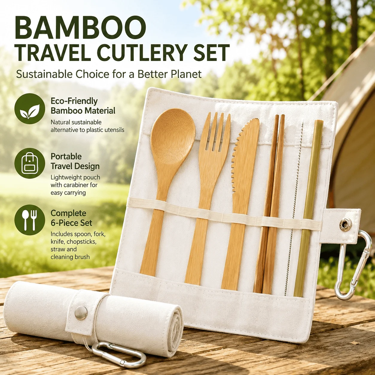 Bamboo Cutlery Set Portable Travel Utensils Reusable Eco Friendly 6 Piece Zero Waste Camping Flatware Kit With Bag For Travel