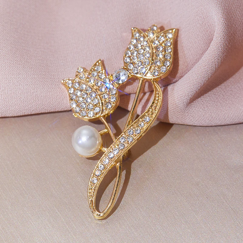 Korean New Double Tulip Flower with Shiny Cubic Zirconia Brooch Women's Luxury Elegant Jewelry Accessories Scarf Scarf Pin