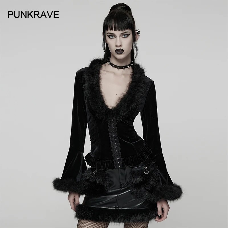 

PUNK RAVE Women's Gothic Sunny Velvet Furry V-neck Cardigan Split Flared Sleeves Elegant Charm Women Sexy Dark Tops Shirts
