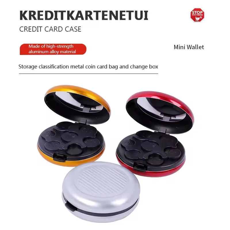 Multifunctional Travel With Mirror Portable Aluminum Alloy Round Euro Coin Wallet Euro Coin Commemorative Coin Storage Cassette