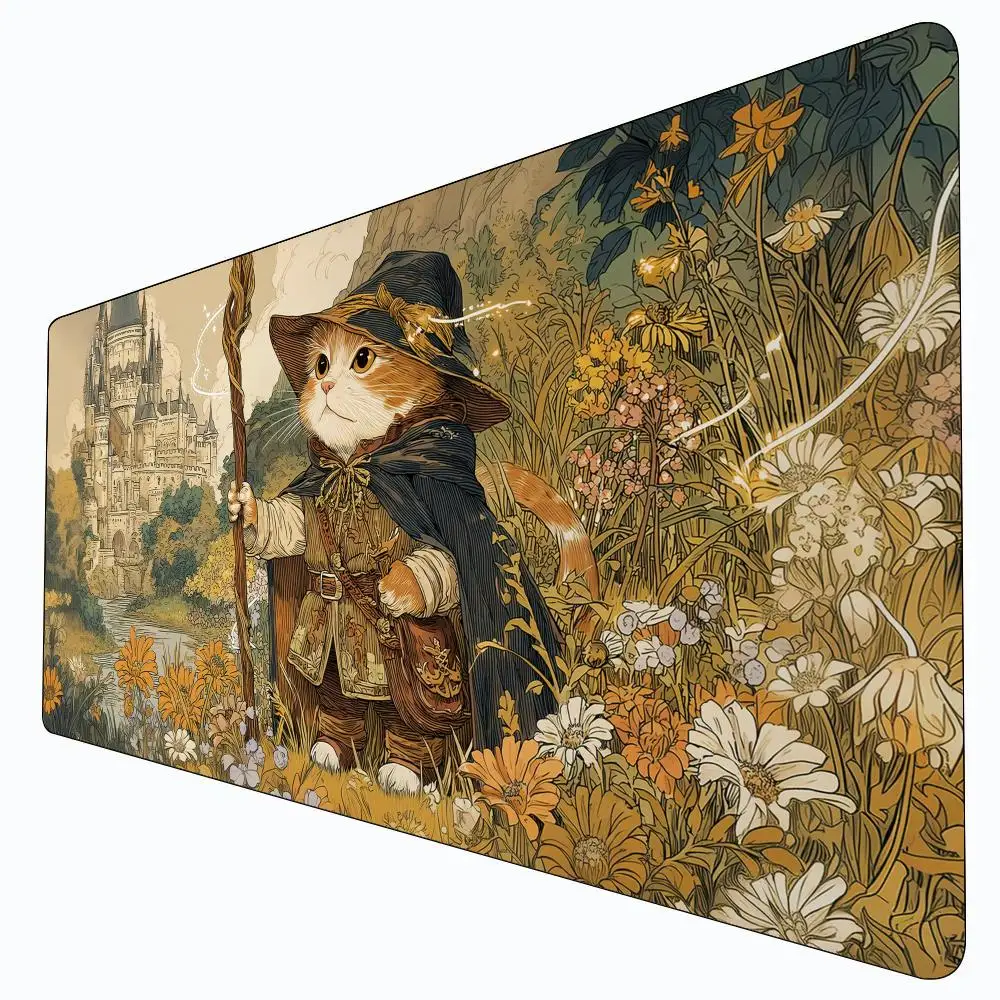 Assistente gato e castelo padrão design grande mouse pad tapete de mesa costurado borda antiderrapante durável gaming pad tapete de escritório mtg playmat