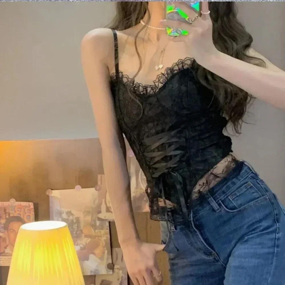 

New Y2k Clothes Sexy Crop Tops Women Corset Lace Bandage T-shirt Camisole Woman Sling Tank Top Fashion Sleeveless Waistcoat Gift