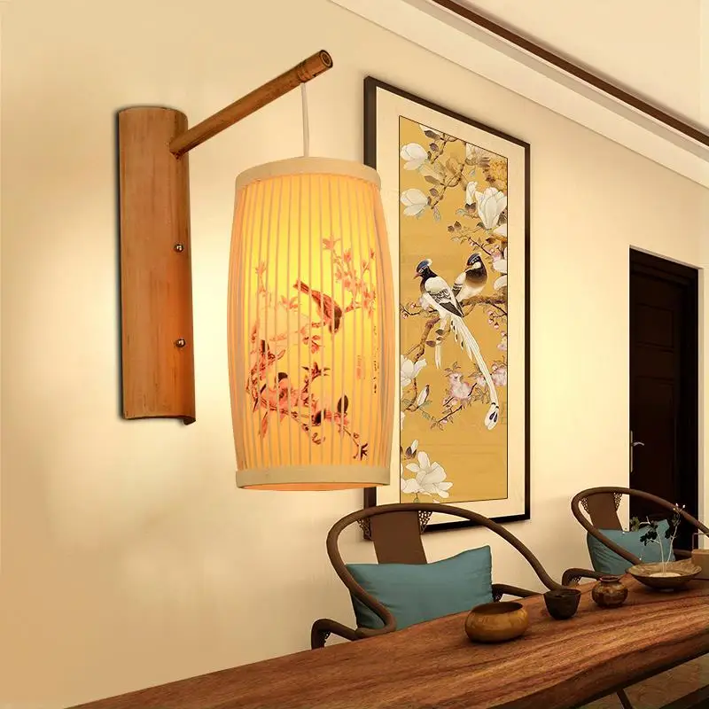 

New Chinese bamboo wall lamp Chinoiserie style hotel corridor bedroom bedside retro living room dining hall aisle Zen wall lamp