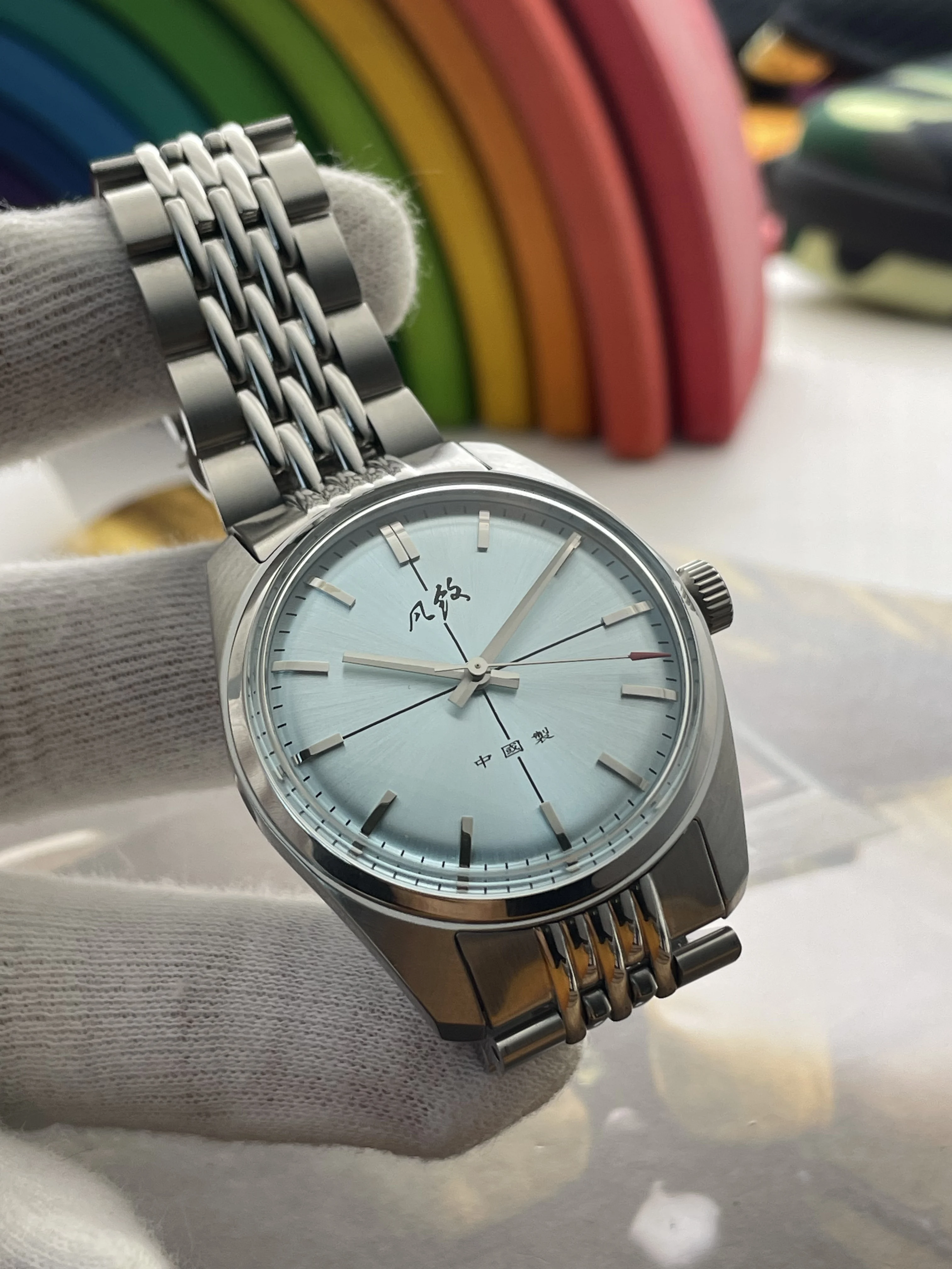 Merkur Watch Baby Blue Dial Watch Vintage Casual Dress Watches Handwind Mechanical Watch for Men Relogio Masculino Metal Band