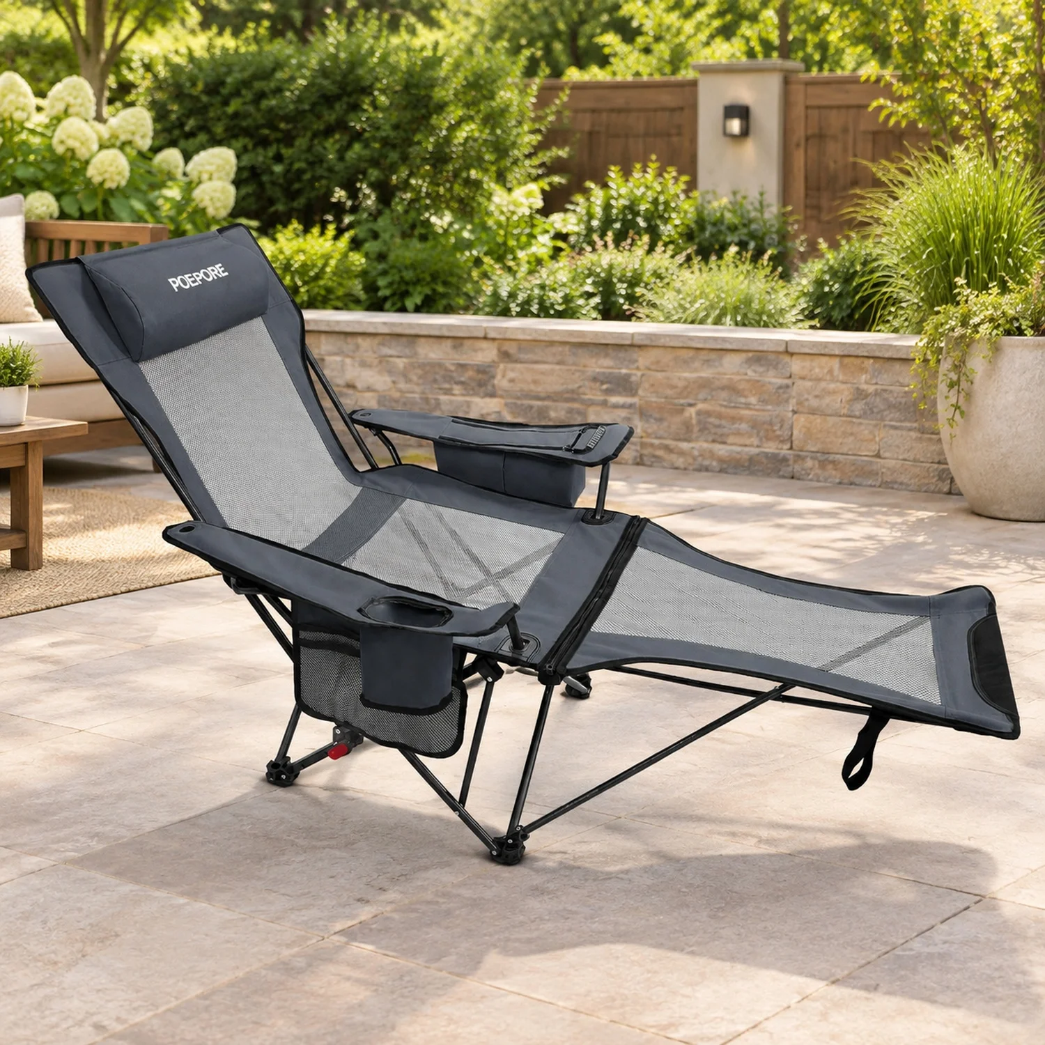 Reclining Camping Chair 4 Position with Foot Rest Comfortable for Adults 265Ibs Folding Lounger Mesh Beach Cooler Bag and Cup