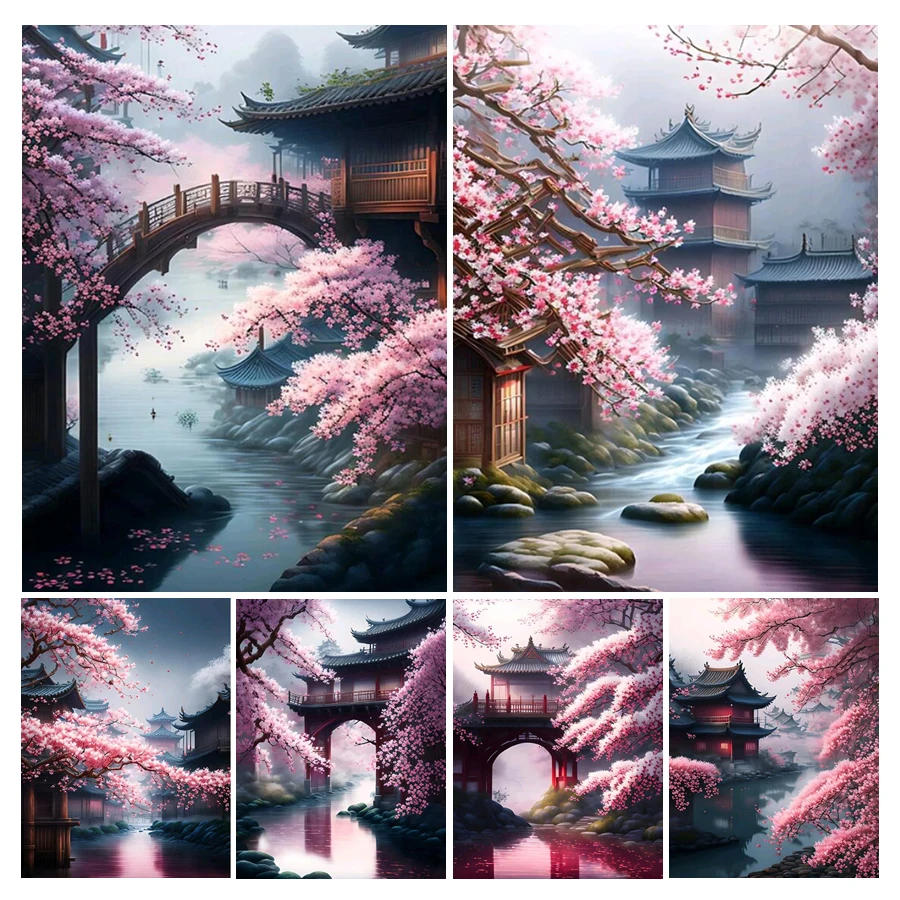 Diy Mosaic Art Japanese Cherry Blossoms Diamond Painting Waterfall Temple Landscape Full Rhinestone Embroidery Picture AA4518