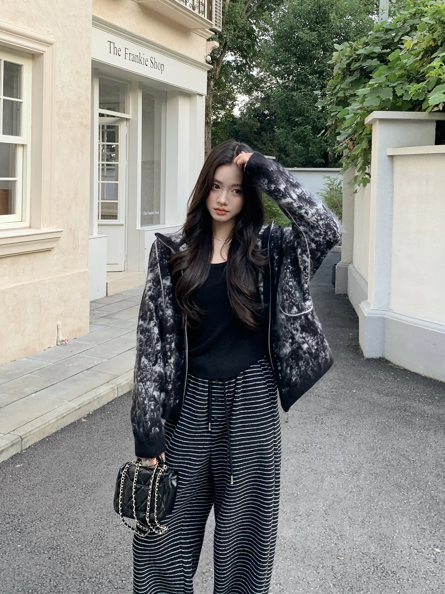 

Личная коллекция Lao Yang, вязаный открытый кардиган с двойным C, трикотаж с капюшоном Camere Fce, свитер свободного кроя средней длины