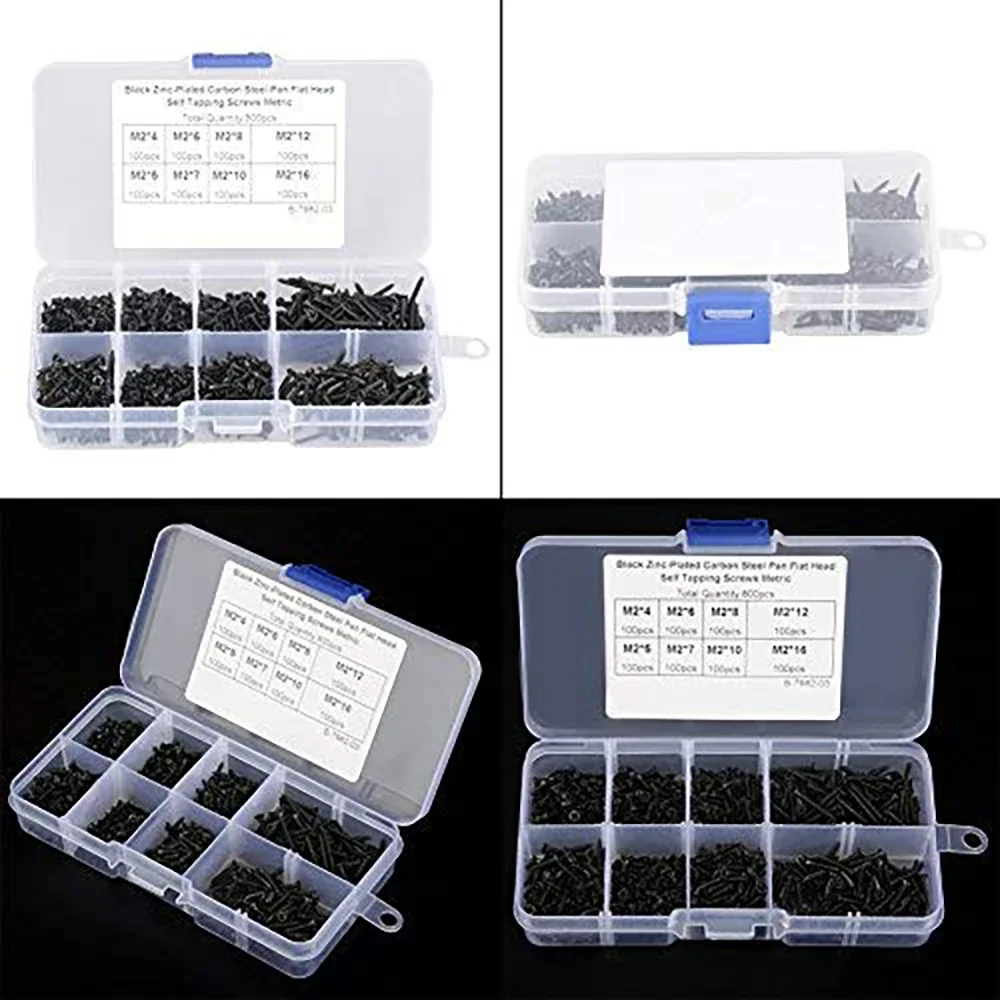 800pcs Cross Screws, M2 Black Carbon Steel Screwsl Countersunk Flat Cross Head Self Tapping Screws Set for Workers and Repairmen