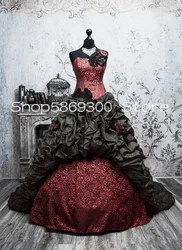 Black Burgundy Gothic Victorian Prom Dresses Pleated Ruffles Lace Floral Steampunk Lace-up Corset Evening Gown hochzeitskleid