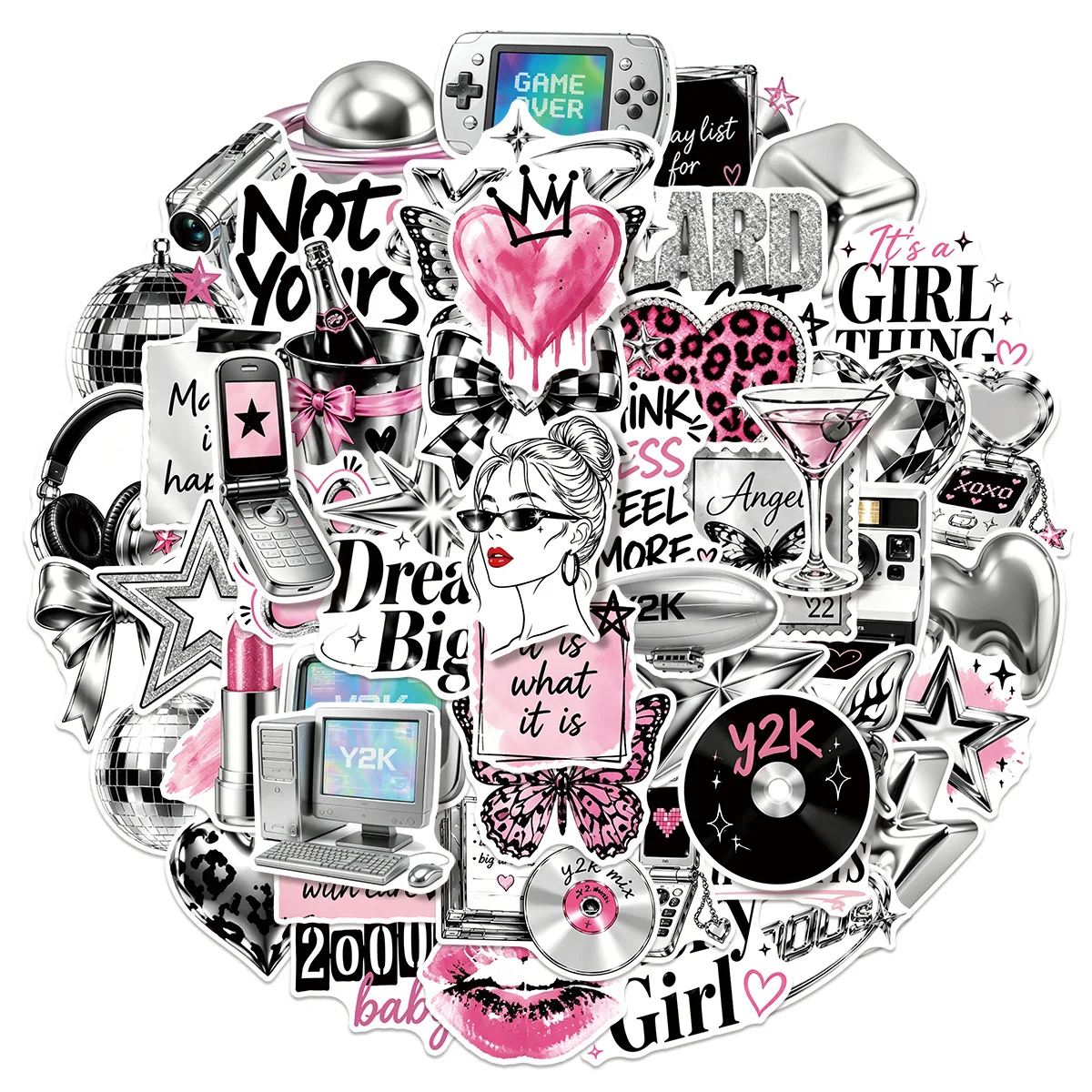 50 Pcs Y2K Silver Color Creative Style Girl Heart Stickers Sweet Cool Waterproof for Journal Gacha Water Cup Decorations