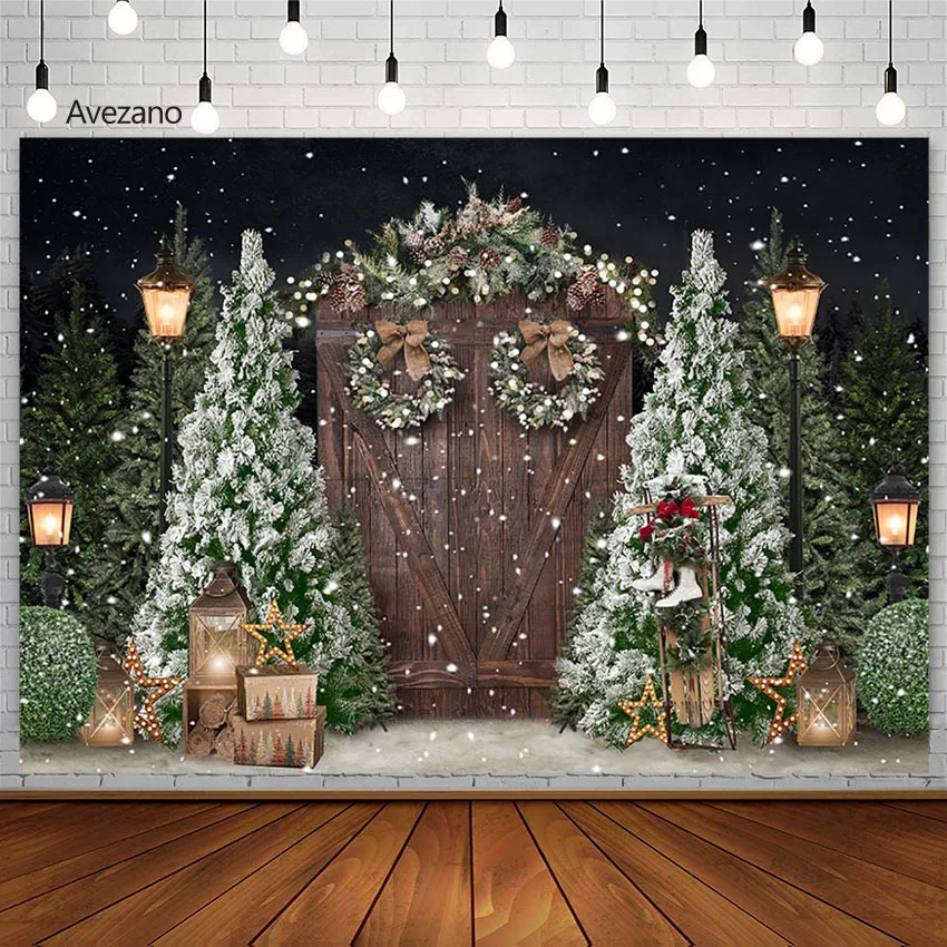 

Avezano Christmas Background Pine Tree Snowflake Vintage Wooden Door Kids Portrait Decor Photography Backdrop Photo Studio Props