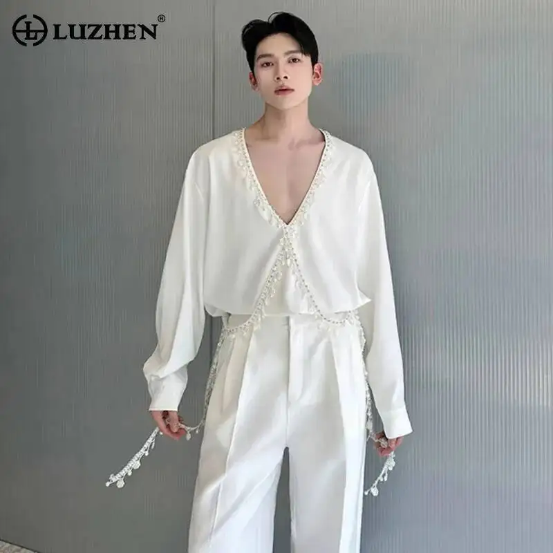 LUZHEN V Neck Decorate Luxury Patchwork Elegant Tassel Shirts Pullover Men's Fashion 2025 New Handsome Temperament Tops JY8160