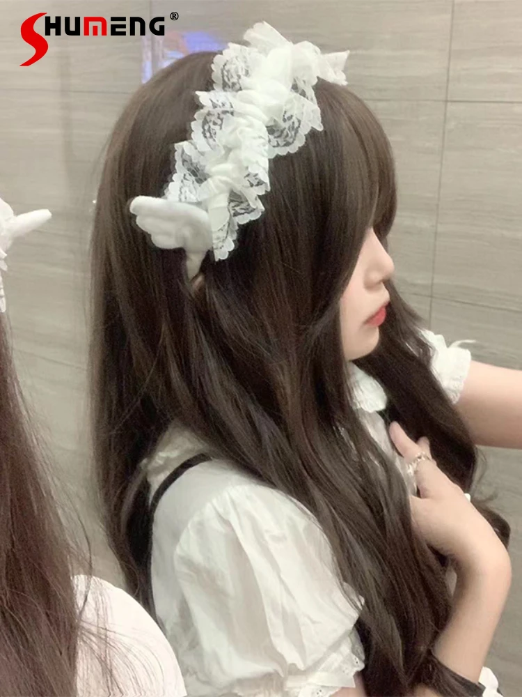 Fancy Japanese Clips Woman Punk Lolita Accessories 2023 Sweet White Angel Wings Cute Handmade Plush Angel Wings Lace Headband