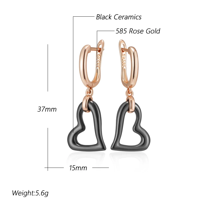 Kinel Hot Heart Black Ceramics Long Drop Earrings For Women Simple 585 Rose Gold Color High Quality Daily Vintage Jewelry