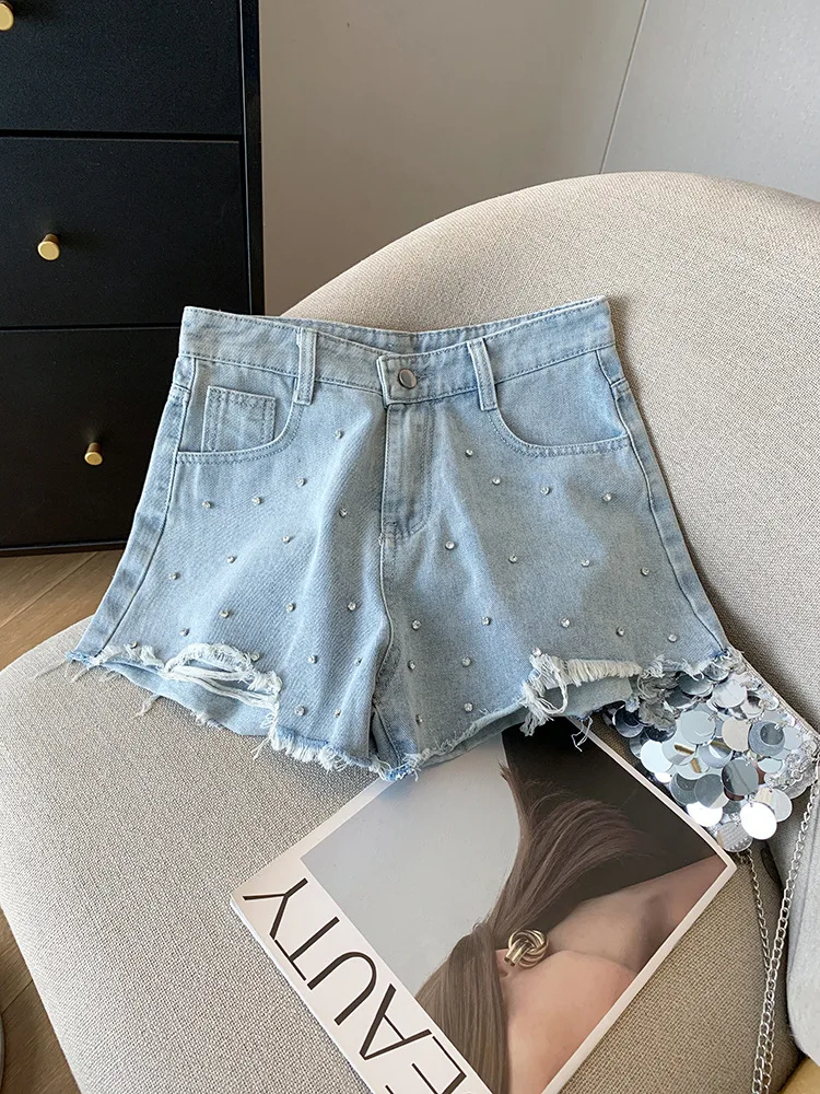 

Women Rhinestone Denim Shorts High Waist Zipper Summer Ripped shorts American Casual Fashion Bead Female Short Jeans