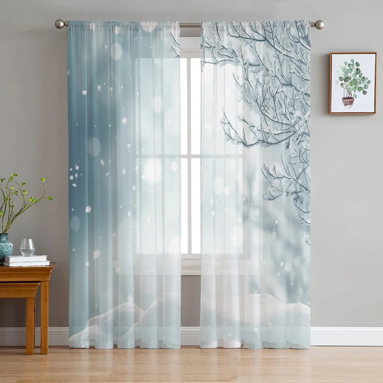 

Winter Snowy Day Branches Sheer Curtains Living Room Window Tulle Curtains For Bedroom Kitchen Home Decoration Voile Drapes