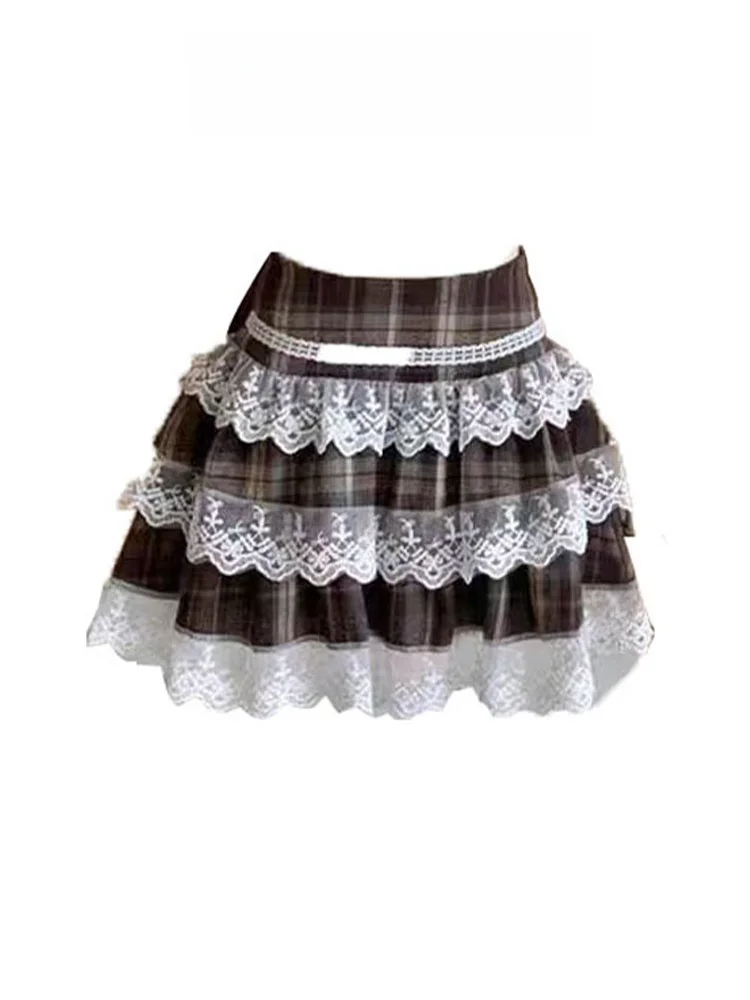 Sweet And Spicy Girl Plaid Cake Skirt Women's Spring Pure Desire One oulder Top Princ Puffy ort Skirt Set