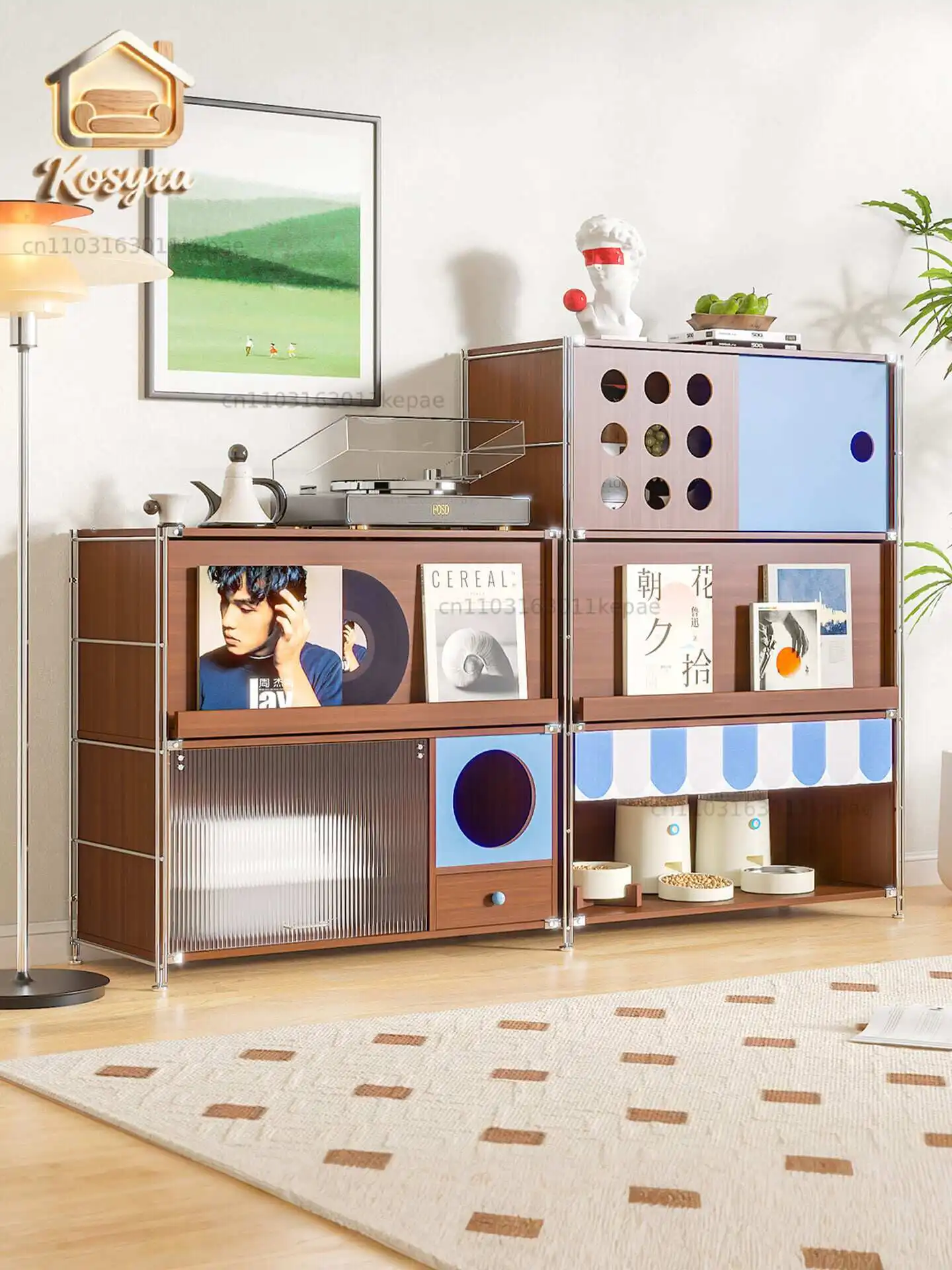 

Custom design Primary color medieval solid wood module combination cabinet pet friendly furniture cat litter cabinet living room