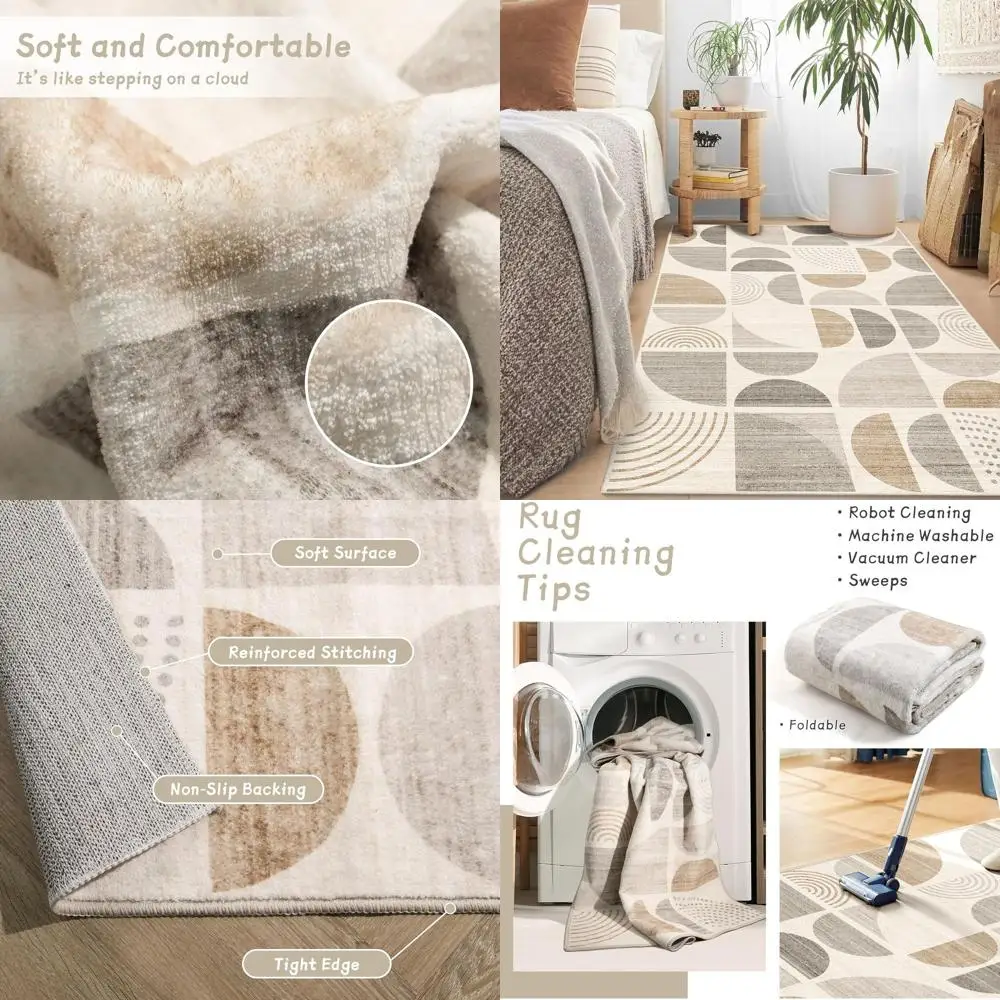 

Washable Boho 3x5 Rugs for Bedroom, Entryway, Living Room - Modern Abstract Beige Carpet with Non-Slip Backing