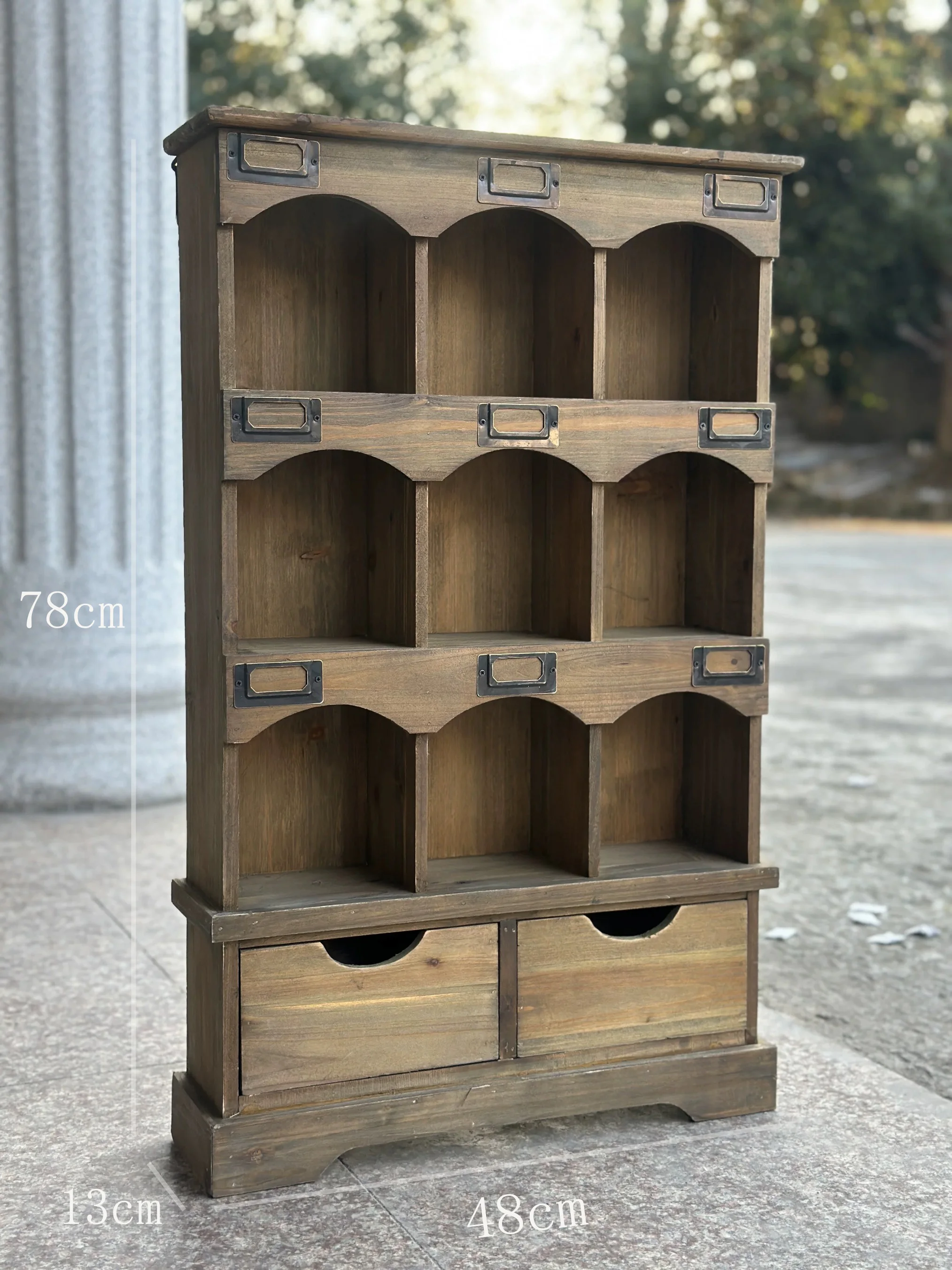 Rustic Wooden Display Shelf with 9 Cubbies and 2 Drawers, Vintage Brown, 48x13x78cm, Wall Mount or Freestanding Storage Organize